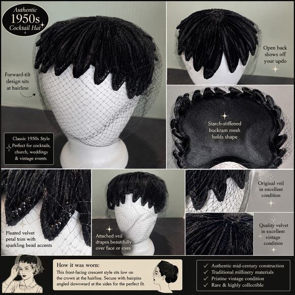 Vintage 1950s Black Cocktail Hat Veil Fascinator Buckram Mesh Velvet Trim NM main image 8